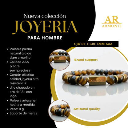 Pulsera de Ojo de Tigre Amarillo Elástica 6mm oro 18k para Hombre