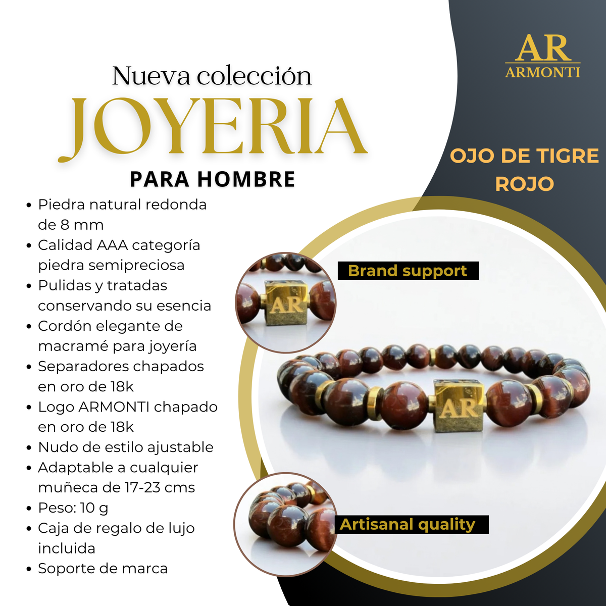 Men's 8mm Elastic Red Tiger Eye Bracelet