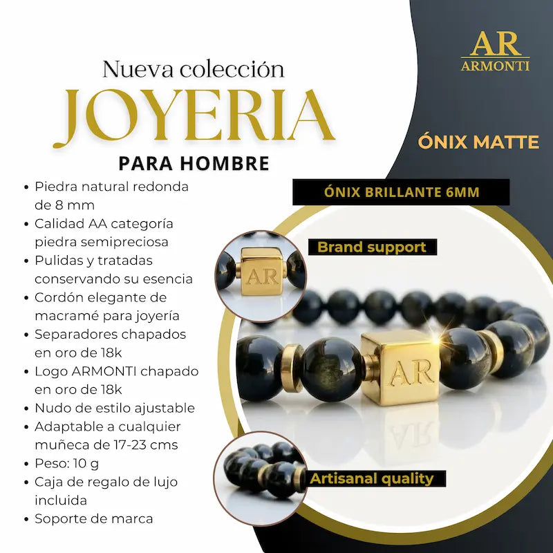 Pulsera de Ónix Negro Brillante elástica 8mm oro 18k para Hombre