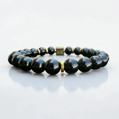 Pulsera de Ónix Negro Brillante elástica 8mm oro 18k para Hombre