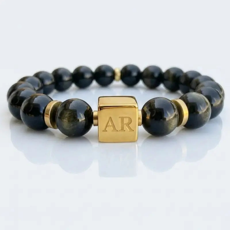 Pulsera de Ónix Negro Brillante elástica 8mm oro 18k para Hombre