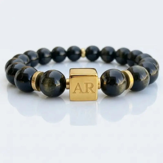 Pulsera de Ónix Negro Brillante elástica 8mm oro 18k para Hombre