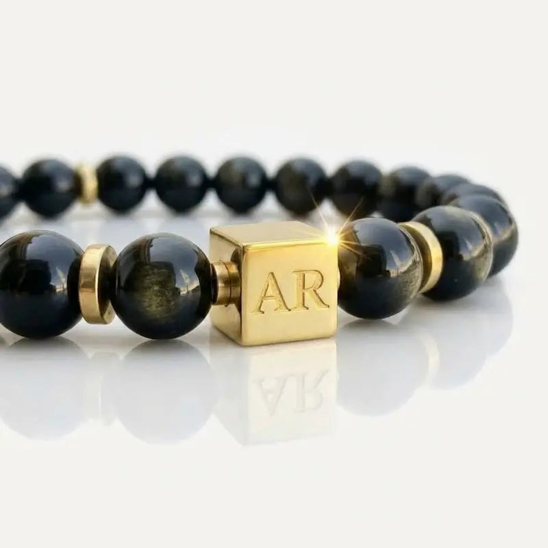 Pulsera de Ónix Negro Brillante elástica 8mm oro 18k para Hombre