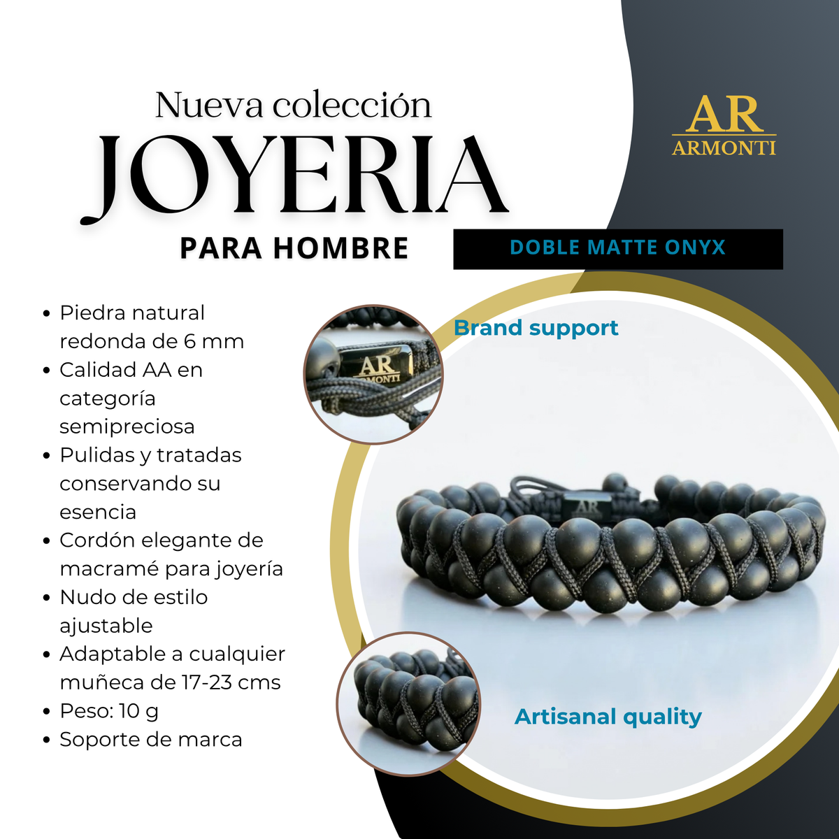 Pulsera de Ónix Negro Mate doble 6mm para Hombre
