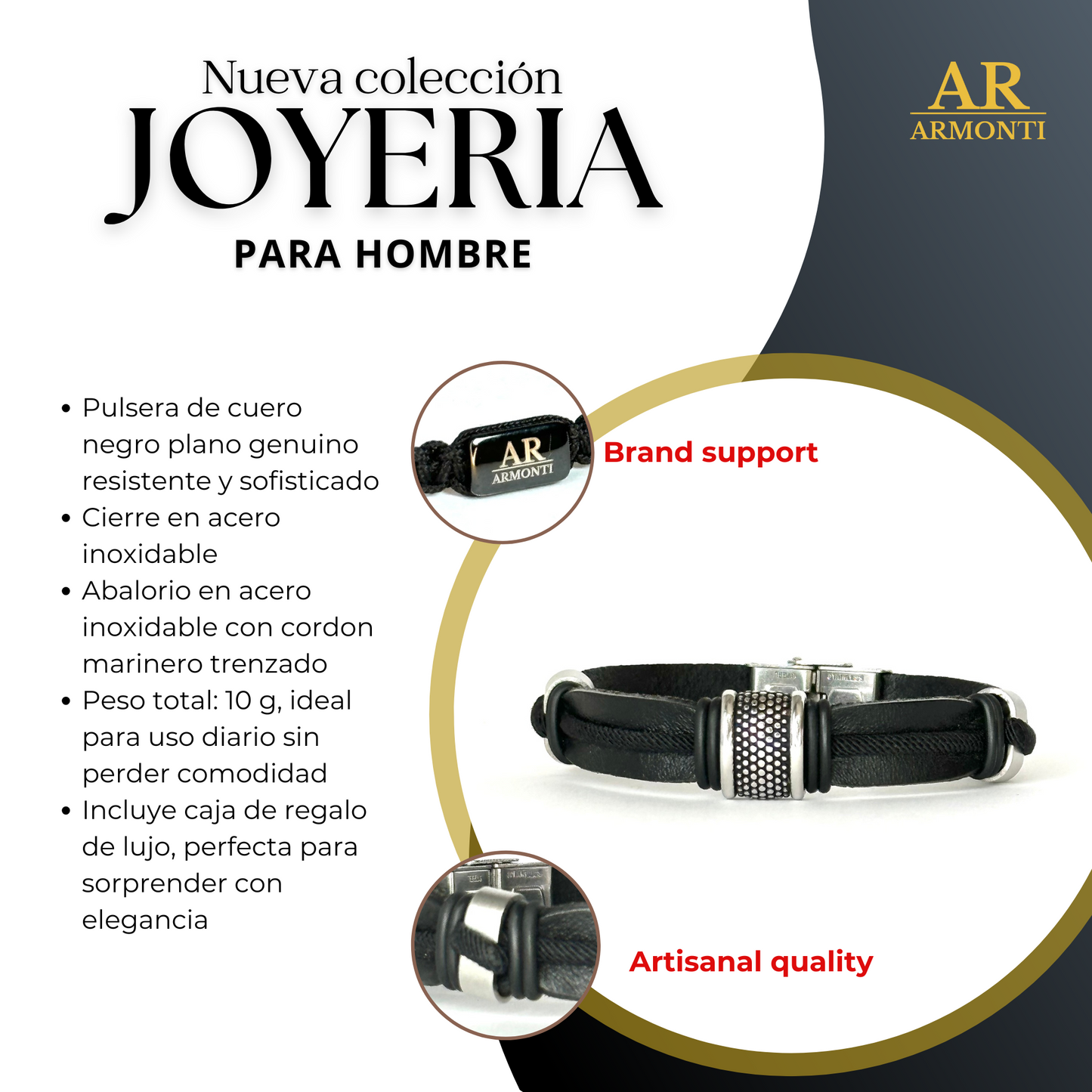 Pulsera Armonti | Joyería Artesanal para hombre | cuero italiano natural plano y plata | cuero plano y plata