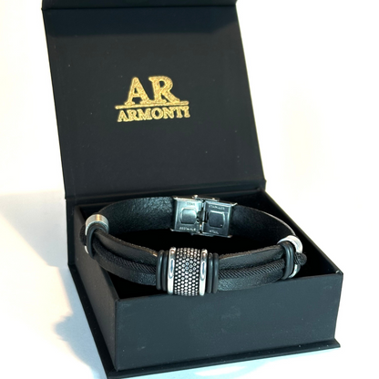 Pulsera Armonti | Joyería Artesanal para hombre | cuero italiano natural plano y plata | cuero plano y plata