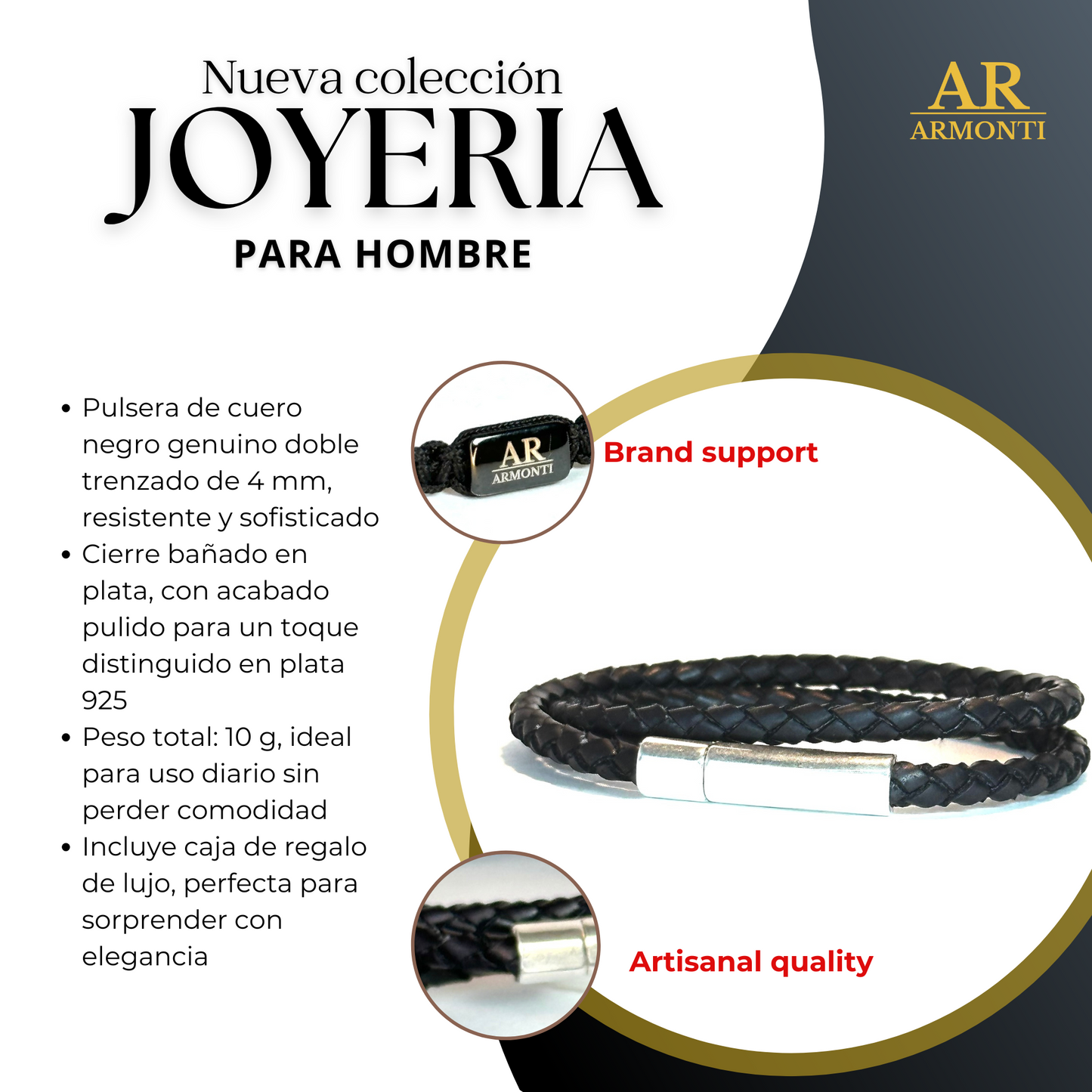 Pulsera Armonti | Joyería Artesanal para hombre | cuero italiano natural trenzado y plata | cuero trenzado y plata