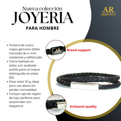 Pulsera Armonti | Joyería Artesanal para hombre | cuero italiano natural trenzado y plata | cuero trenzado y plata