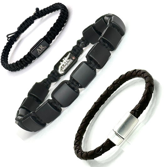 Pulsera cuero negro trenzado con onix matte y macramé: Seguridad y confianza