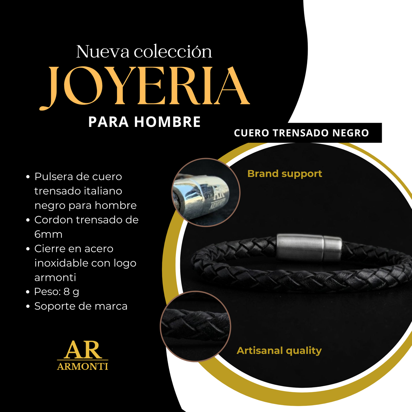 Pulsera cuero negro trenzado hombre 6mm