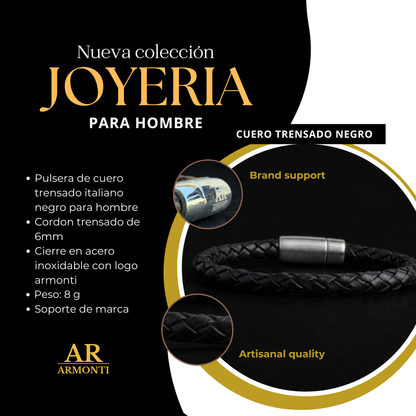 Pulsera cuero negro trenzado hombre 6mm
