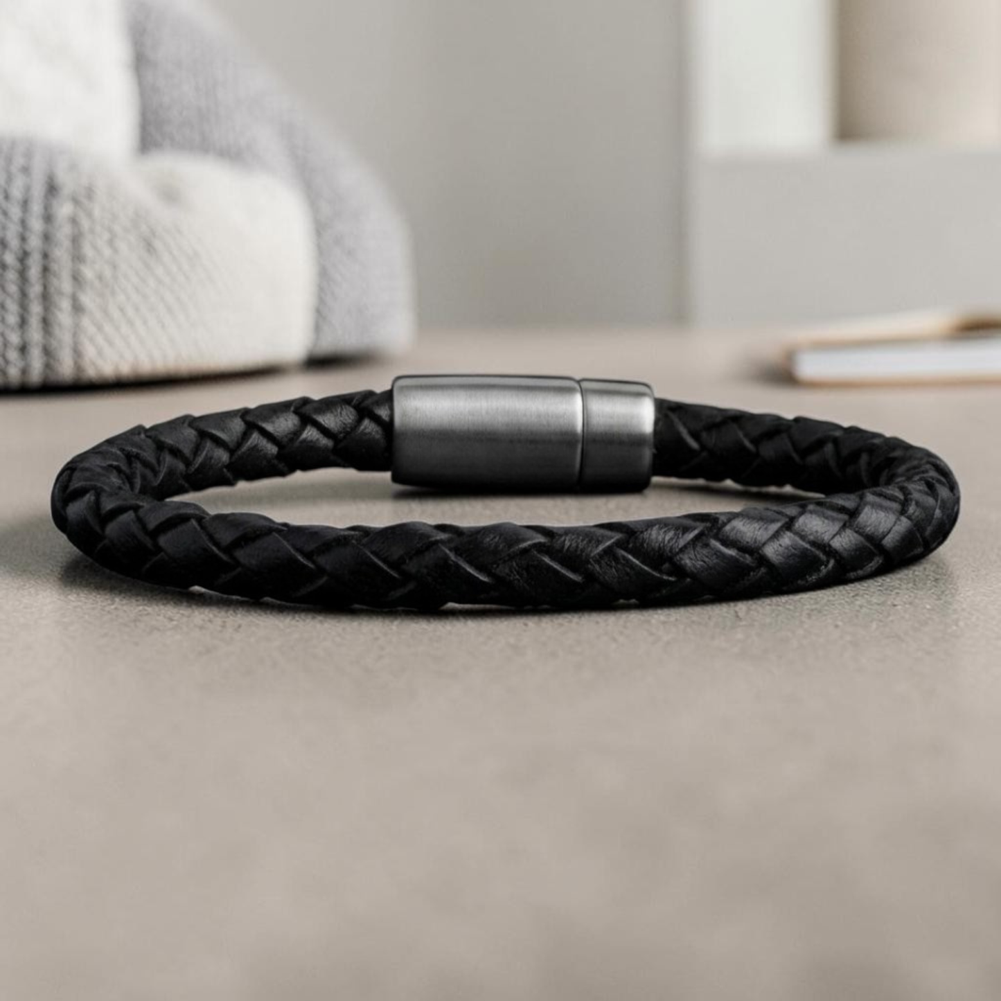 Pulsera cuero negro trenzado hombre 6mm