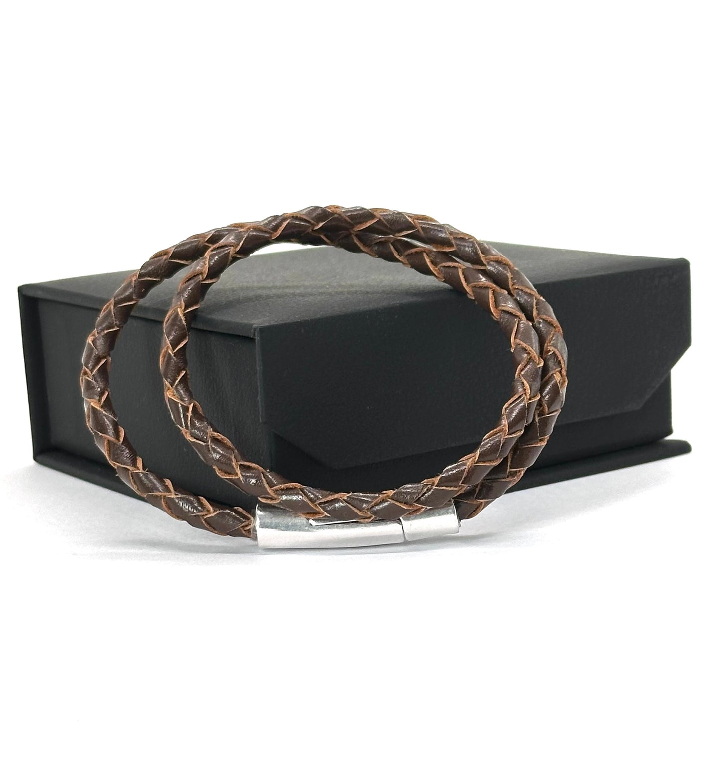 Pulsera Armonti | Joyería Artesanal para hombre | cuero italiano natural trenzado y plata | cuero trenzado y plata