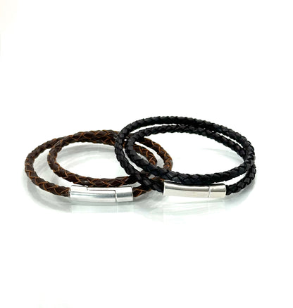 Pulsera Armonti | Joyería Artesanal para hombre | cuero italiano natural trenzado y plata | cuero trenzado y plata