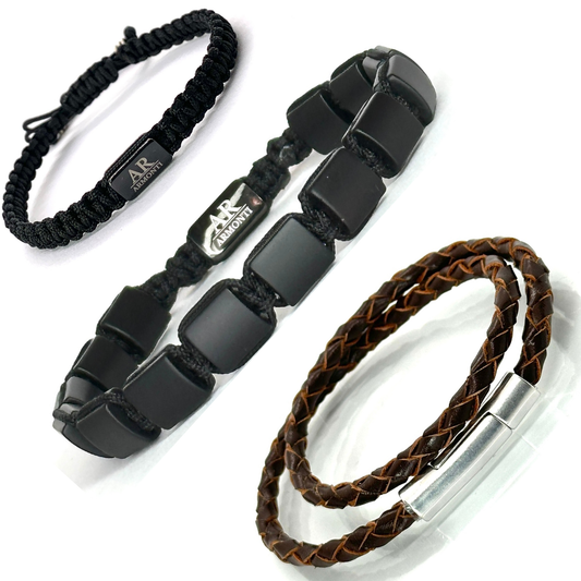 Pulsera de cuero marrón trenzado + onix matte + macramé: Poder y equilibrio