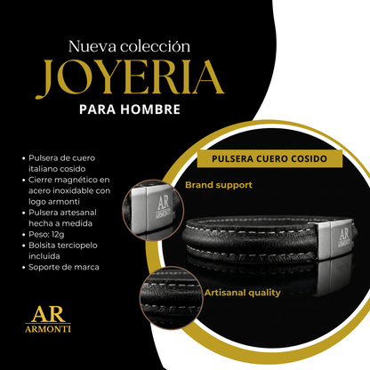 Pulsera cuero negra 10mm hombre cosida
