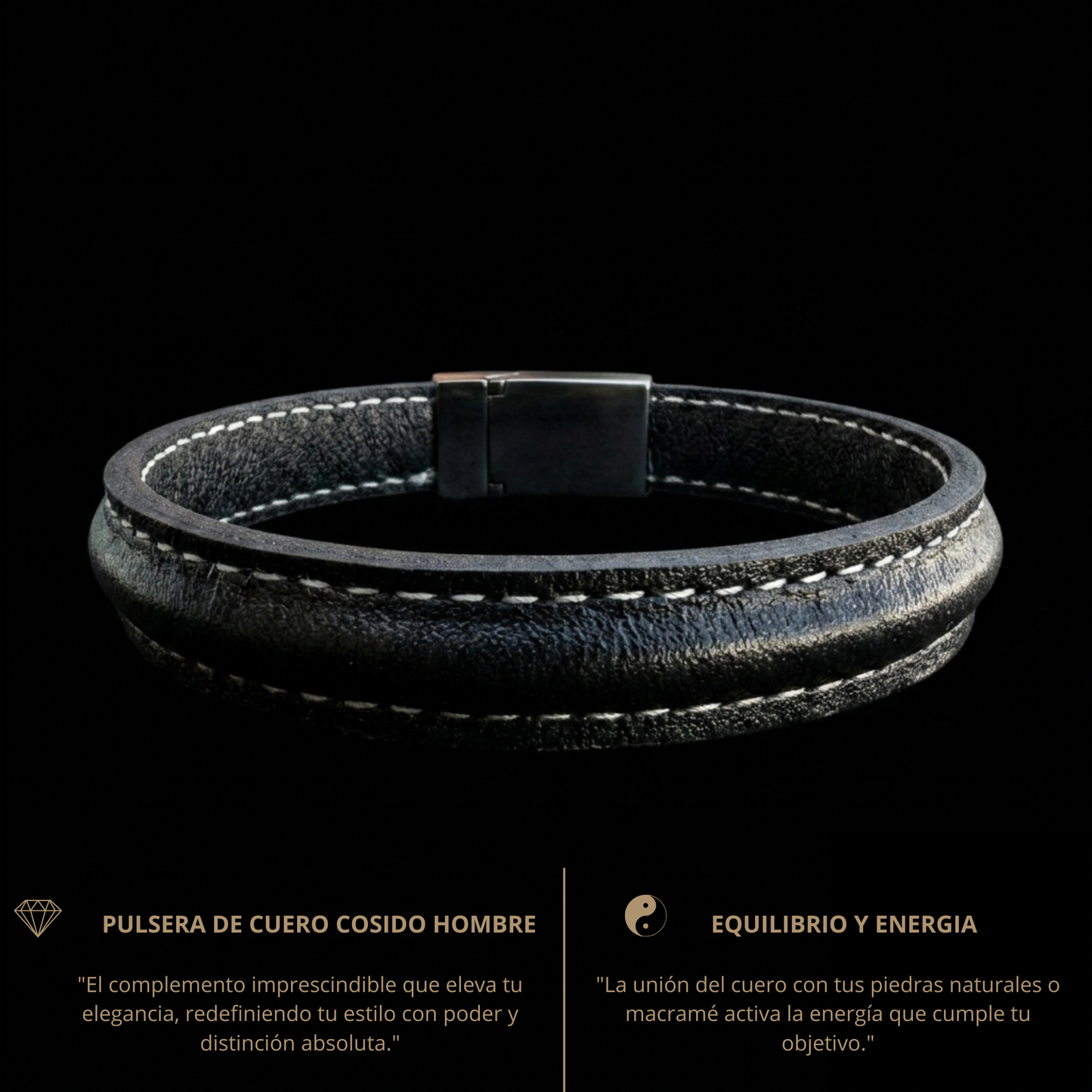 Pulsera cuero negra 10mm hombre cosida