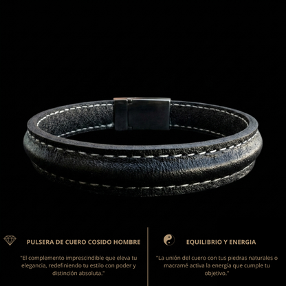 Pulsera cuero negra 10mm hombre cosida