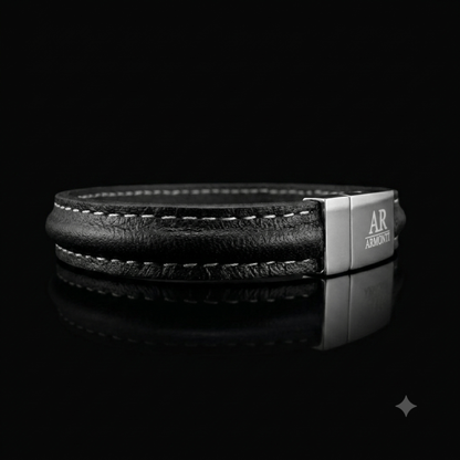 Pulsera cuero negra 10mm hombre cosida