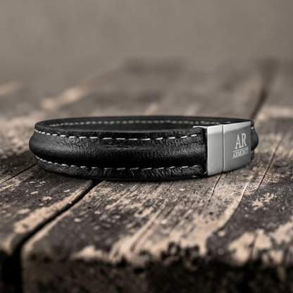 Pulsera cuero negra 10mm hombre cosida