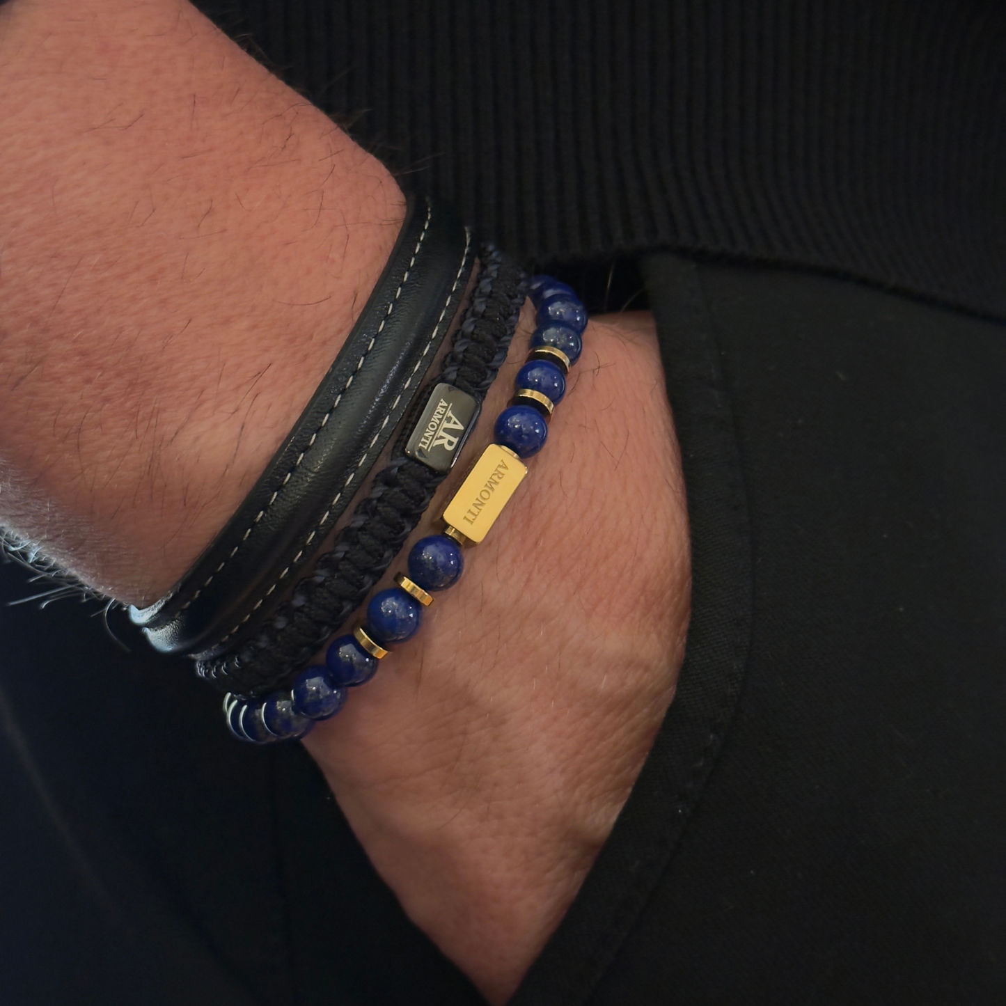 Pulsera cuero negra 10mm hombre cosida