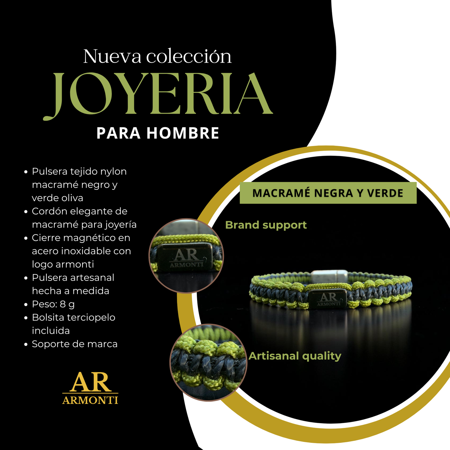 Pulsera MACRAMÉ negra y verde hombre