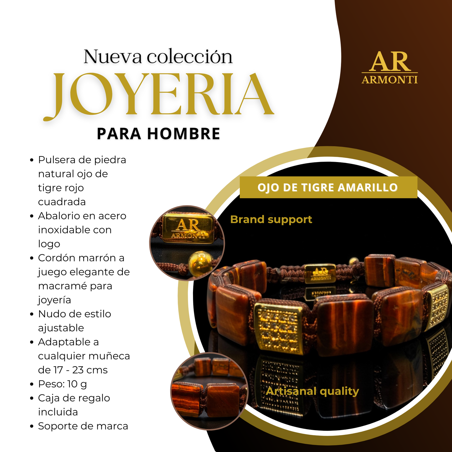 Pulsera de ojo de tigre cuadrada hombre