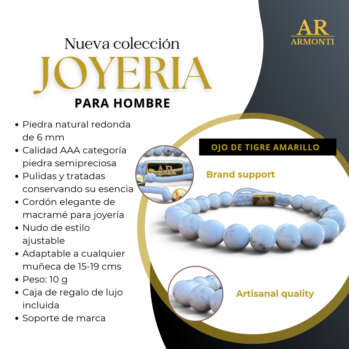 Pulsera de piedra natural Howlita Blanca 6mm ajustable para Mujer