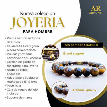Pulsera de piedra natural Ojo de Tigre amarillo 6mm ajustable para Mujer
