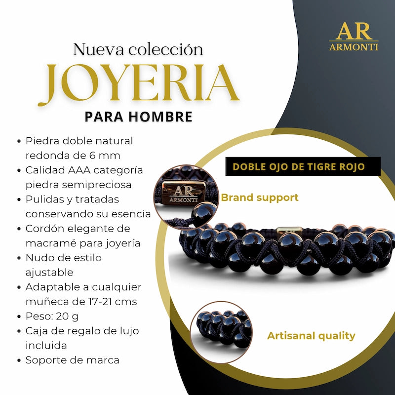 Pulsera de piedra natural Ónix brillante doble 6mm oro 18k para Hombre