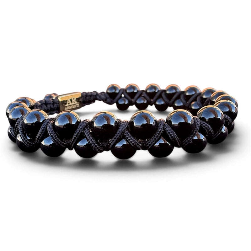 Pulsera de piedra natural Ónix brillante doble 6mm oro 18k para Hombre
