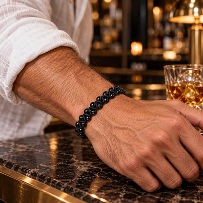 Pulsera de piedra natural Ónix brillante doble 6mm oro 18k para Hombre