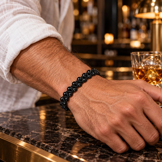 Pulsera de piedra natural Ónix brillante doble 6mm oro 18k para Hombre