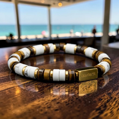 Pulsera cilíndrica howlita y ojo de tigre amarillo hombre