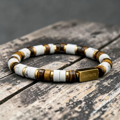 Pulsera cilíndrica howlita y ojo de tigre amarillo hombre