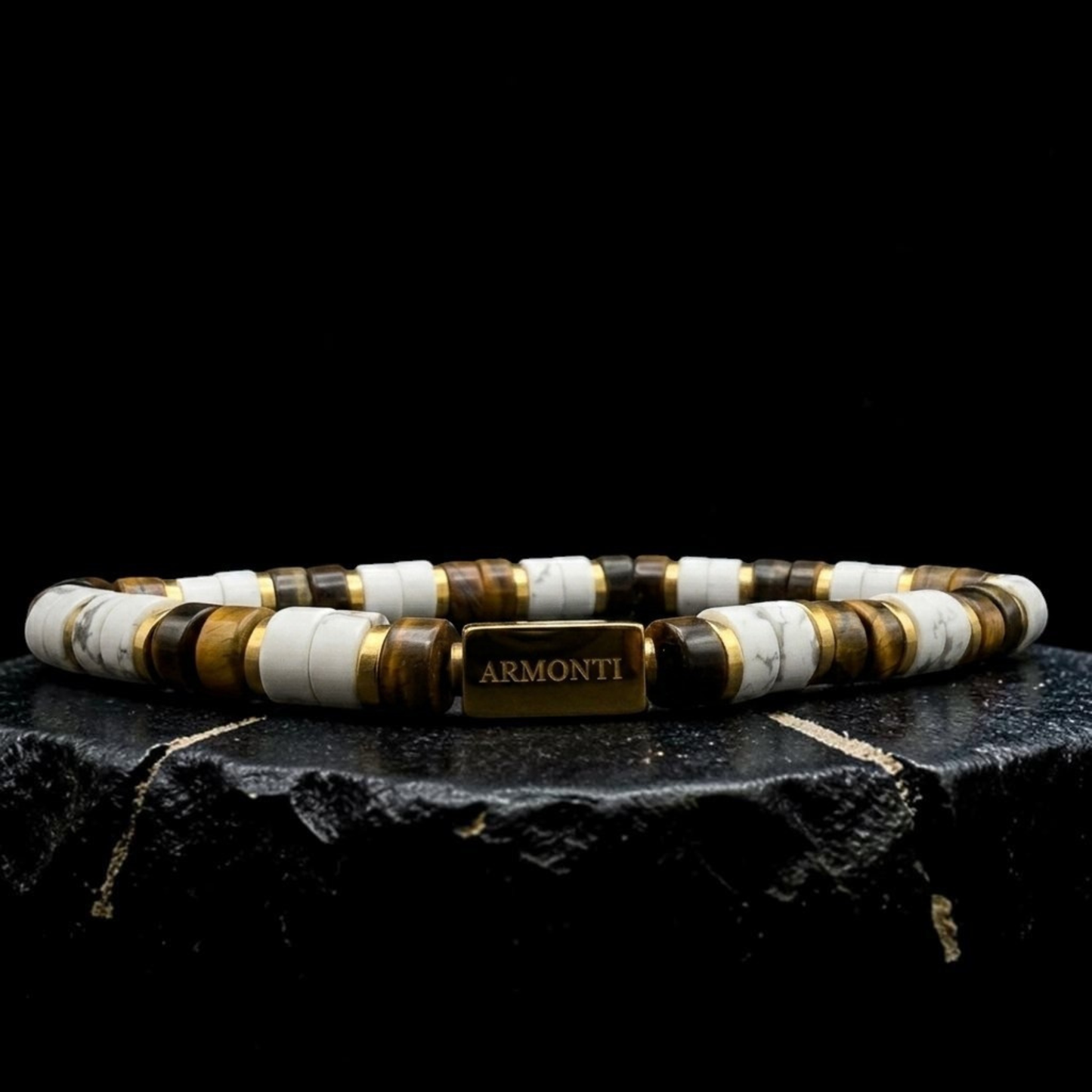 Pulsera cilíndrica howlita y ojo de tigre amarillo hombre