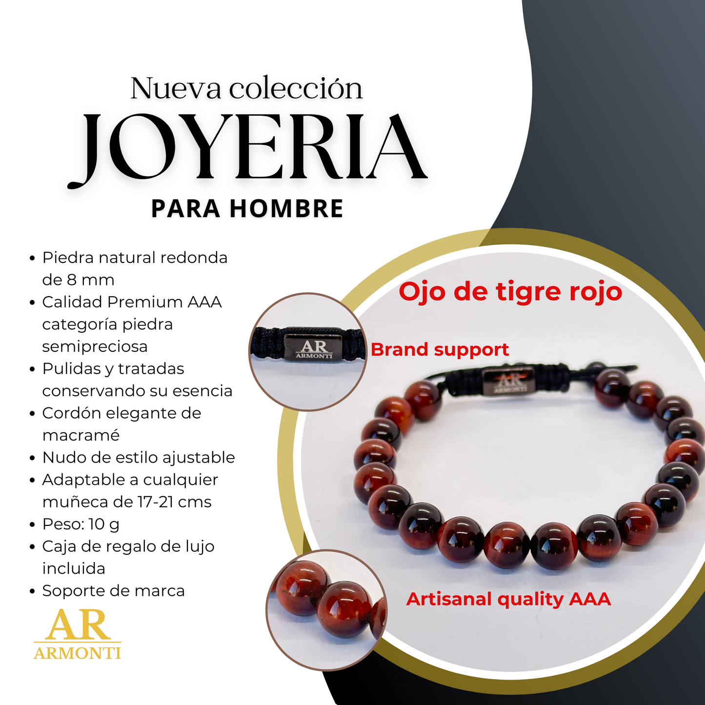 Pulsera de piedra redonda OJO DE TIGRE ROJO para hombre