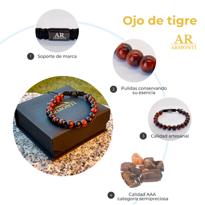 Pulsera de piedra redonda OJO DE TIGRE ROJO para hombre