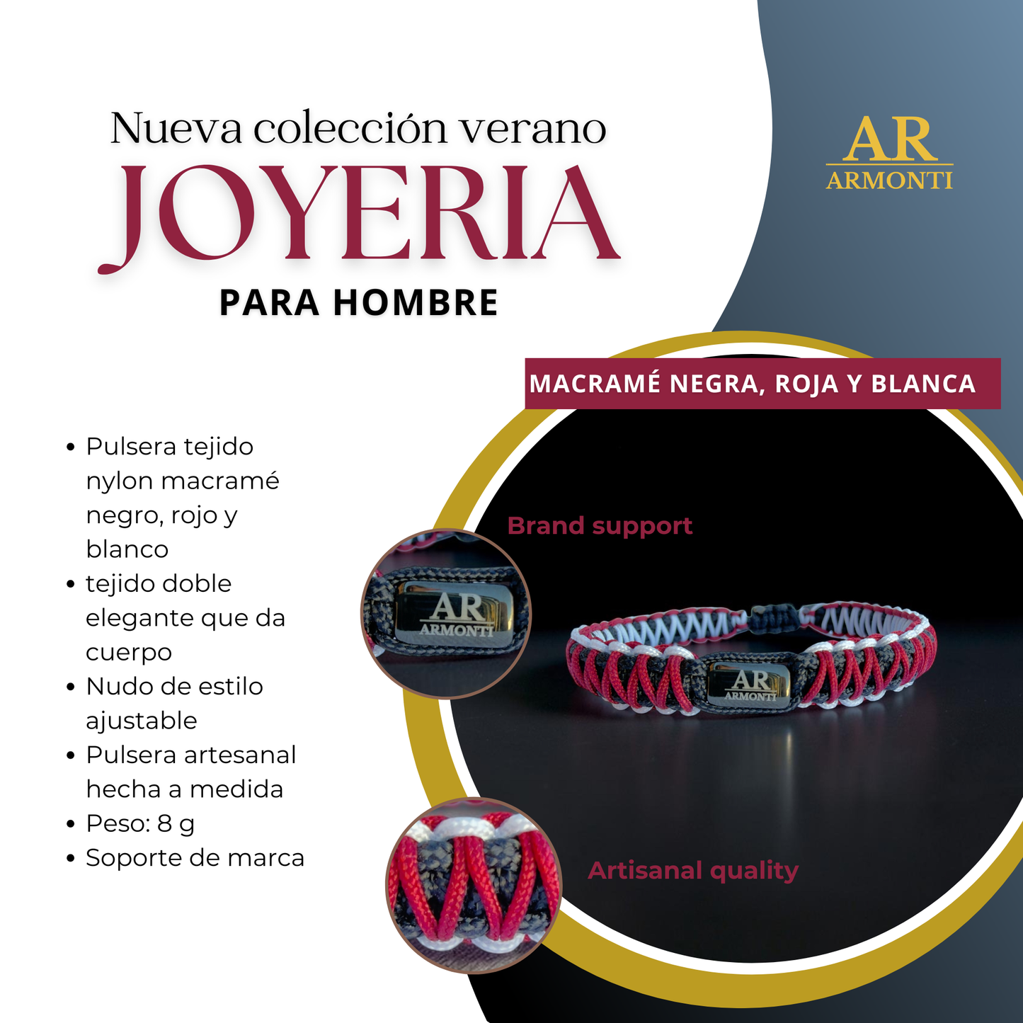 Pulsera macramé roja, negra y blanca para hombre