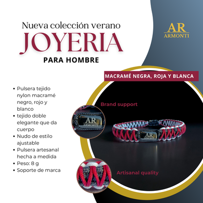 Pulsera macramé roja, negra y blanca para hombre