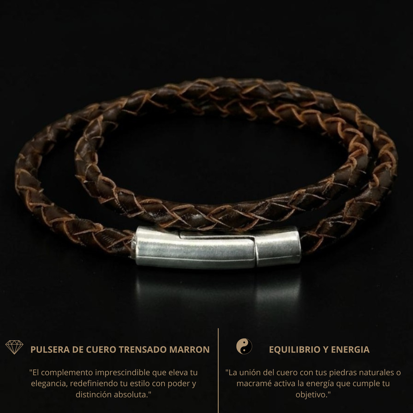 Pulsera cuero trenzado marrón italiano doble para hombre 4mm