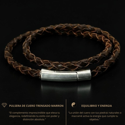 Pulsera cuero trenzado marrón italiano doble para hombre 4mm