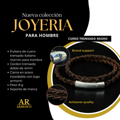 Pulsera cuero trenzado marrón italiano doble para hombre 4mm