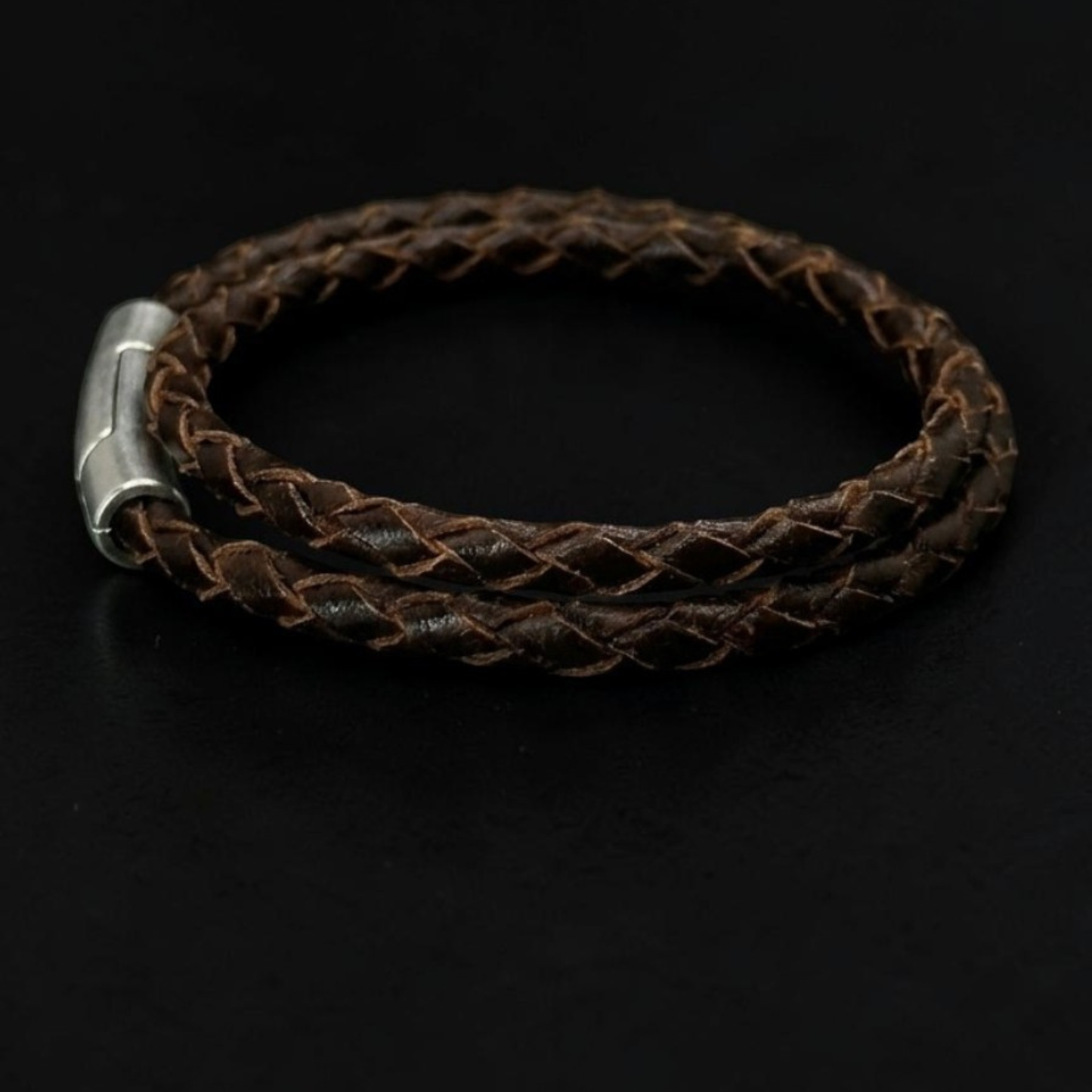 Pulsera cuero trenzado marrón italiano doble para hombre 4mm