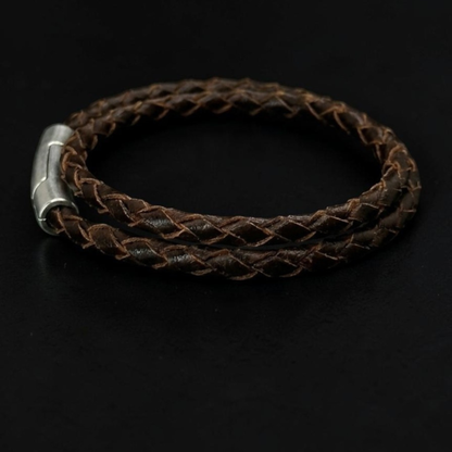 Pulsera cuero trenzado marrón italiano doble para hombre 4mm