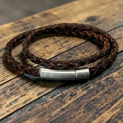 Pulsera cuero trenzado marrón italiano doble para hombre 4mm