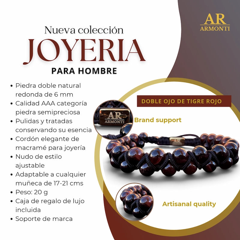 Pulsera de piedra natural ojo de tigre rojo doble 6mm oro 18k para Hombre
