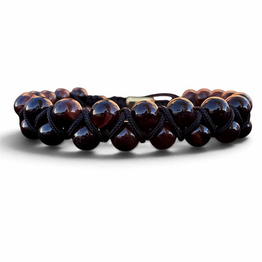 Pulsera de piedra natural ojo de tigre rojo doble 6mm oro 18k para Hombre