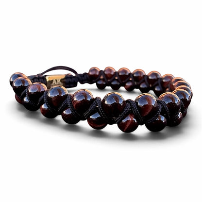 Pulsera de piedra natural ojo de tigre rojo doble 6mm oro 18k para Hombre