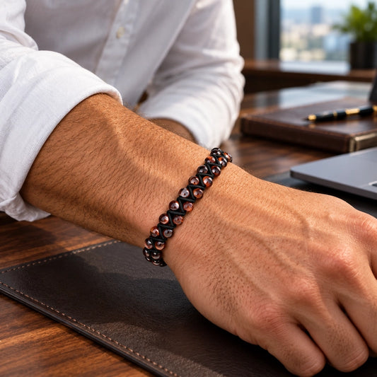 Pulsera de piedra natural ojo de tigre rojo doble 6mm oro 18k para Hombre